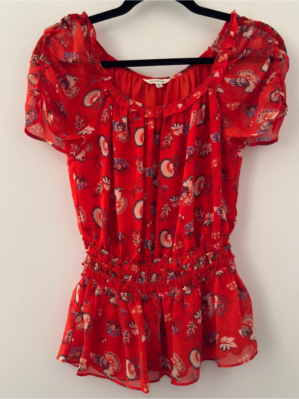 Max Studio Floral Red Smocked Waist Shirt Blouse Top Size Small S Stretch Boho